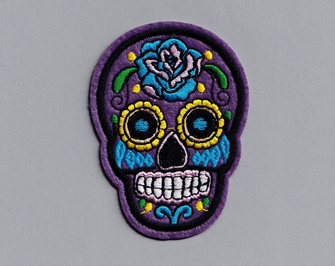 Purple Mexican Sugar Skull Iron On Patch Embroidered Day of the Dead Candy Skull Applique