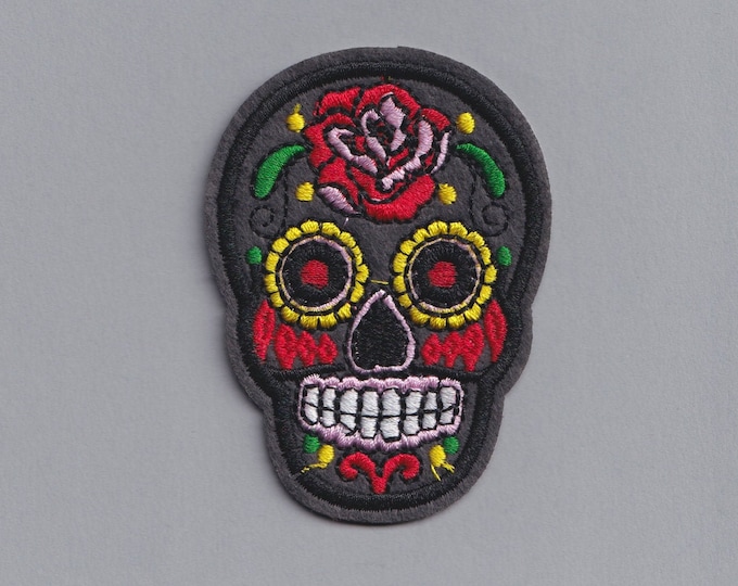 Grey Mexican Sugar Skull Iron On Patch Embroidered Day of the Dead Candy Skull Applique