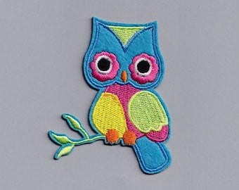 Toppa colorata per bambini con gufo, ricamata, da stirare, blu, rosa e giallo