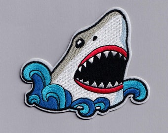 Impresionante parche de tiburón para planchar, parches de apliques de cabeza de tiburón bordados