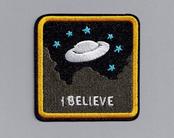 Glittery Square UFO I Believe Patch Embroidered Iron-On Martian Alien Patch