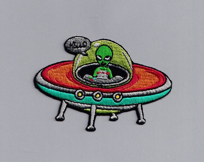Embroidered Iron-on Flying Saucer Alien Patch Applique Funny UFO Martian Patch