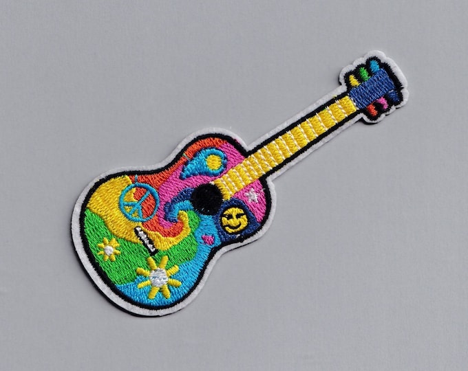 Embroidered Iron-on Hippy Guitar Patch Applique Peace Symbol
