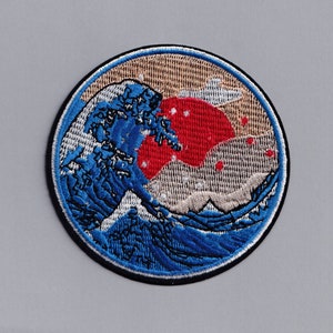 Large The Great Wave off Kanagawa Patch Hokusai Iron On Embroidered  Round Patch Japan Sun