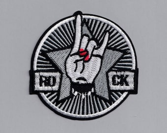 Round Rock Hands Iron On Patch Embroidered Sign of the Horns Heavy Metal Patch