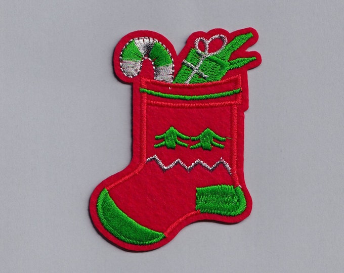 Red Christmas Stocking Patch Iron-on Embroidered Xmas Stocking Applique Patch
