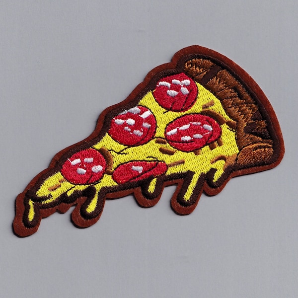 Embroidered Iron-on Pepperoni Pizza Patches - Small or Large (Select) - Pizza Slice Applique Patch