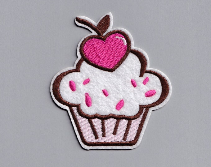 Embroidered Iron-On Cupcake Patch Pink Heart Sprinkles Cupcake Bun Applique Patch