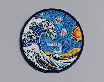 Large Embroidered Patch Van Gogh Hokusai The Great Wave Starry Night Iron On Patch Impressionism