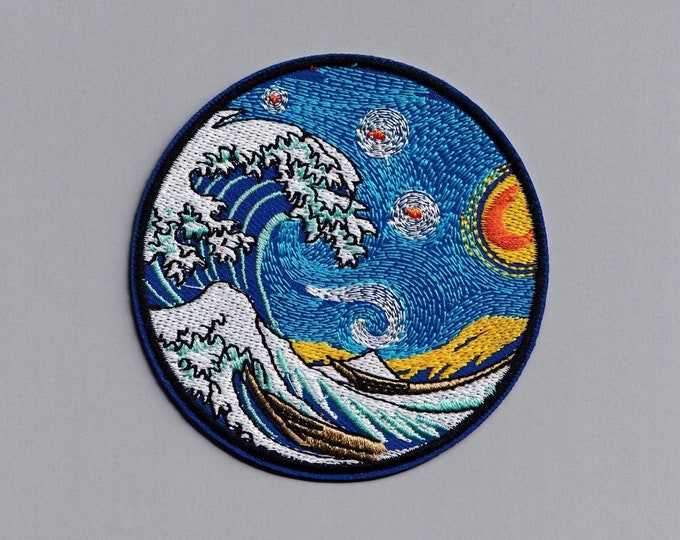 Large Embroidered Patch Van Gogh Hokusai The Great Wave Starry Night Iron On Patch Impressionism
