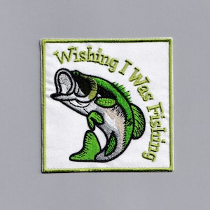 Stor "Wishing I Was Fishing"-applikation, broderad tyglapp med strykfunktion och applikation för fiske