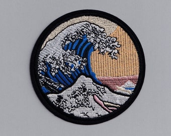 Large Round The Great Wave off Kanagawa Patch Hokusai Iron On Embroidered Patch Fine Classic Ukiyo-e Art