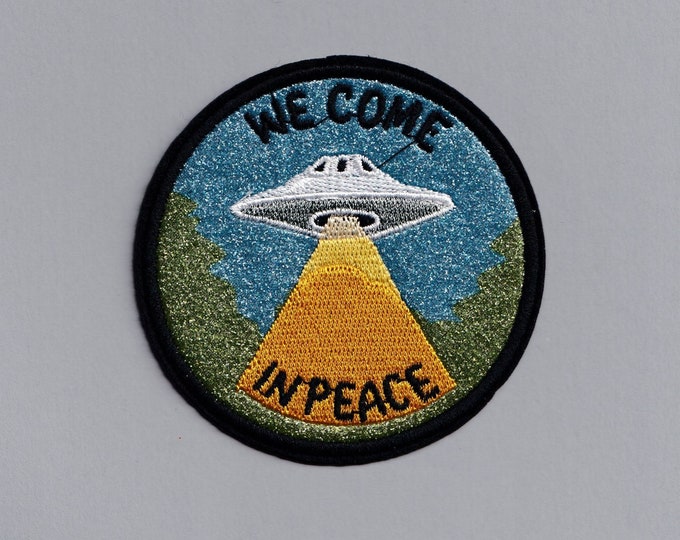Glittery 'We Come In Peace' UFO Patch Iron-on Embroidered Unidentified Flying Object Applique Patch