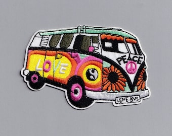 Embroidered 60s Hippy Camper Van Patch Iron-On Peace Symbol Applique Patch