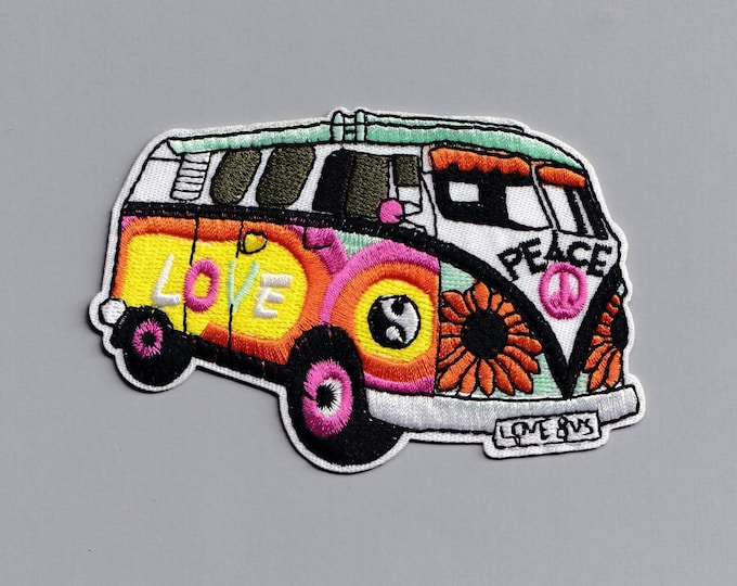 Embroidered 60s Hippy Camper Van Patch Iron-On Peace Symbol Applique Patch