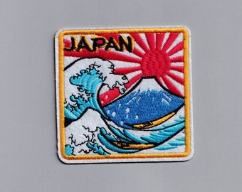 Square Embroidered Japan Patch Applique Iron-on Japan Travel Patch Applique Great Wave