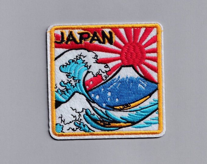 Square Embroidered Japan Patch Applique Iron-on Japan Travel Patch Applique Great Wave