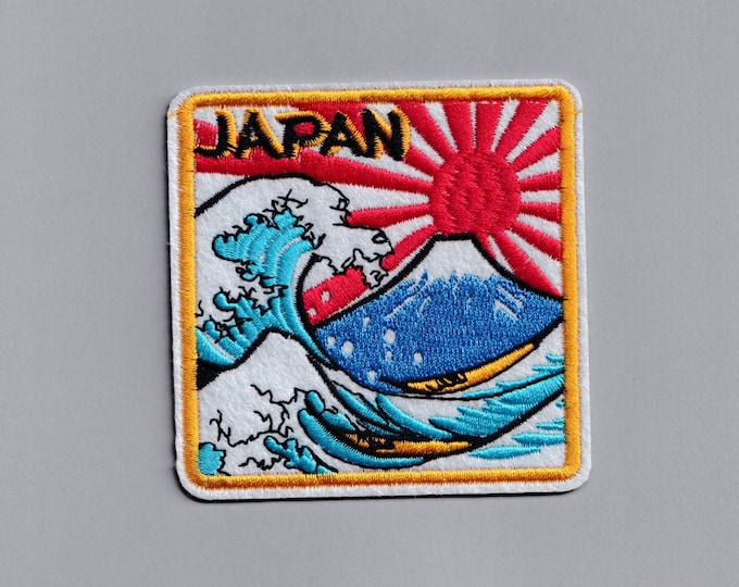 Square Embroidered Japan Patch Applique Iron-on Japan Travel Patch Applique Great Wave