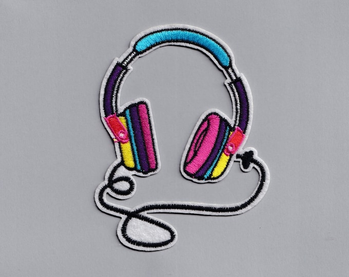 Colourful Embroidered DJ Headphones Patch Applique Iron on EDM Dance Music Patch