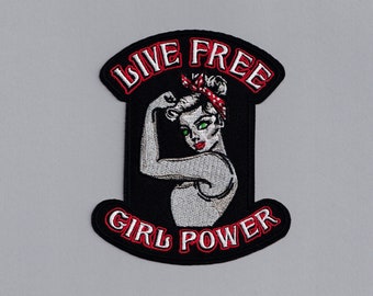 Live Free Girl Power Biker Patch Iron-on Embroidered Feminist Strong Woman Biker Applique Patches