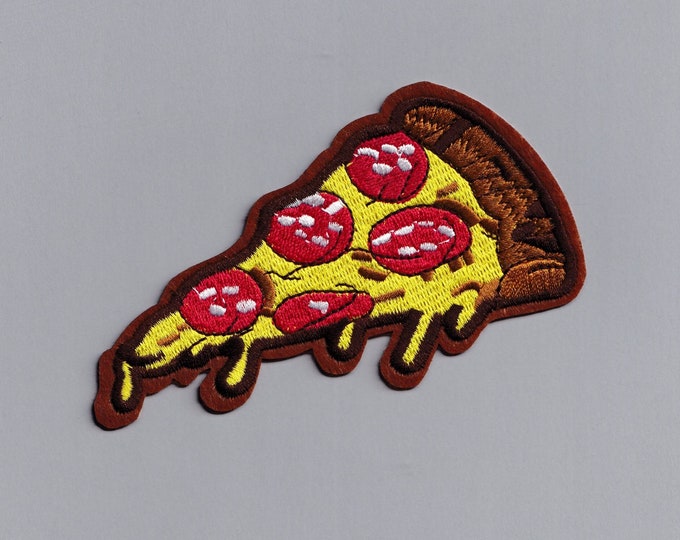 Embroidered Iron-on Pepperoni Pizza Patches - Small or Large (Select) - Pizza Slice Applique Patch
