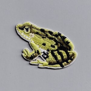 May include: An embroidered frog patch in green and black. The frog is sitting on a white background.
