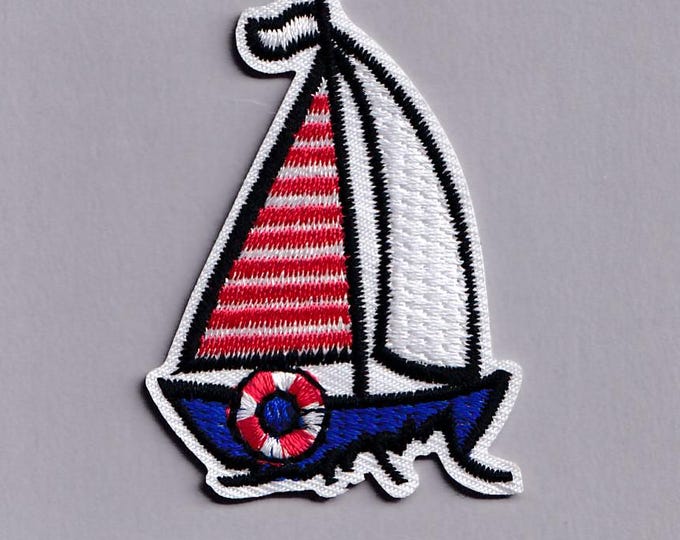 Red Stripe Blue Sailing Boat Patch Applique Iron-on Embroidered Sail Boat Patches