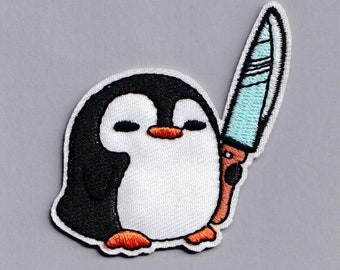 Angry Penguin Patch Iron-on Embroidered Killer Penguin Knife Patches