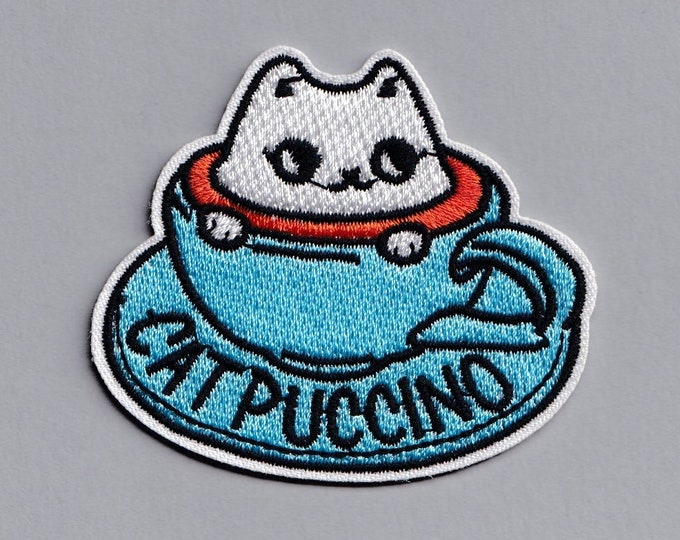 Embroidered Iron-on Catpuccino Patch Applique Coffee Cat