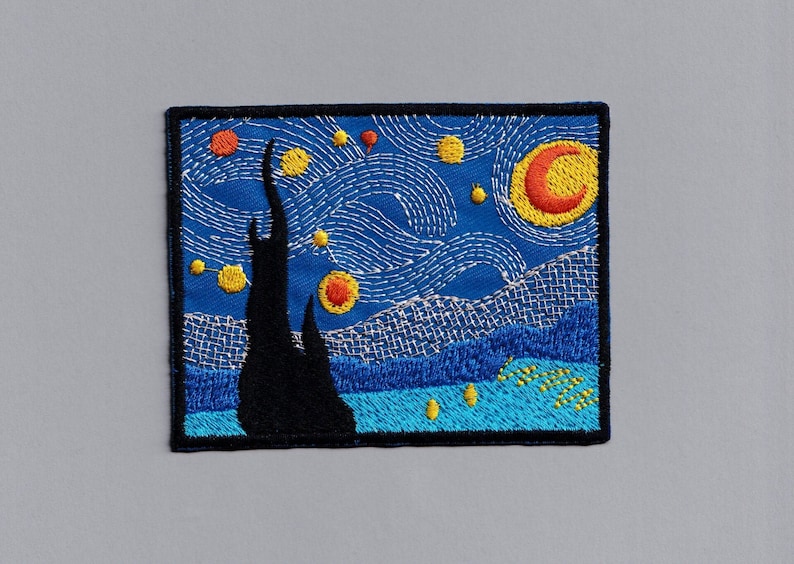 May include: Embroidered patch featuring a stylized depiction of Vincent van Gogh's "Starry Night" painting. The patch is blue, yellow, and orange with a black silhouette of a tree in the foreground.