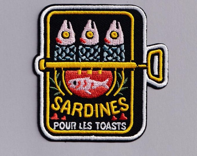 Tin of Sardines Patch Iron-on Embroidered Canned Sardines Fish Applique Patches