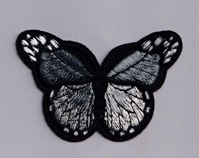 Embroidered Silver Grey Butterfly Patch Iron-On Insect Applique for Clothing