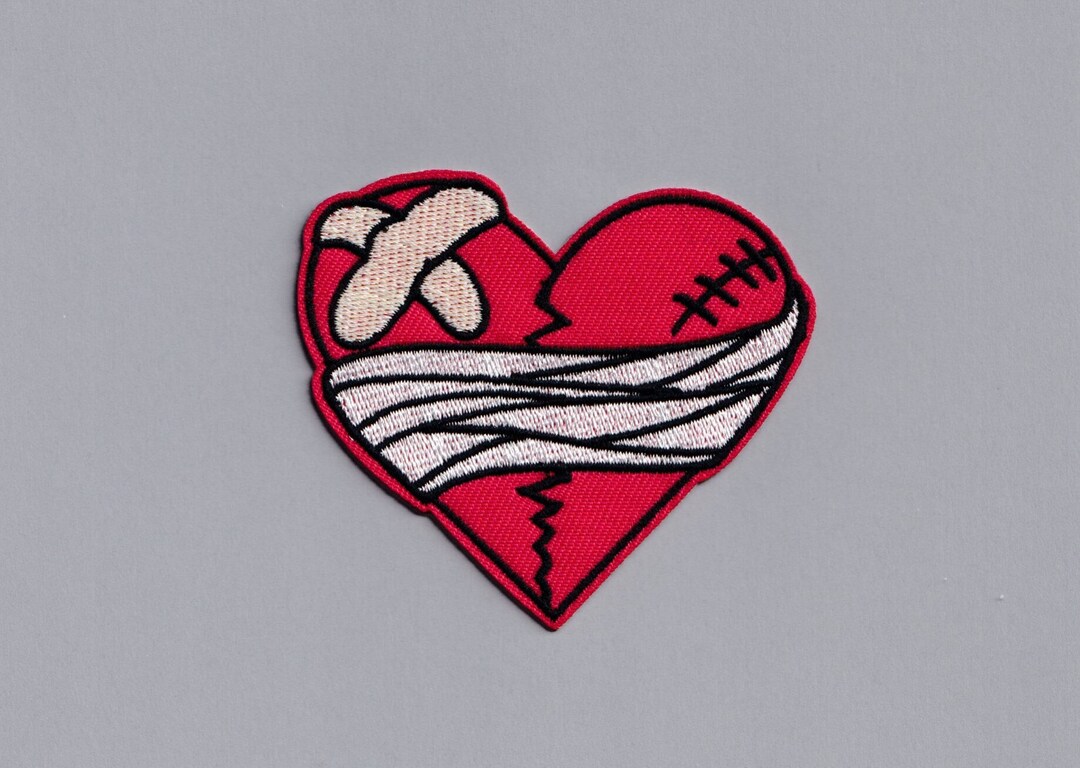 【BOK PLACE】Raw Red Stitch Heart Embroidery Wide Denim PT Anatomical Heart Embroidered Patch Canvas Patch - Vintage