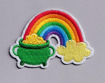 Rainbow Pot of Gold Patch Iron-on Embroidered Rainbow Applique Patches Irish Leprechaun