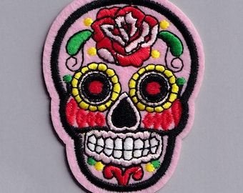 Pink Mexican Sugar Skull Iron On Patch Embroidered Day of the Dead Calavera Candy Skull Applique