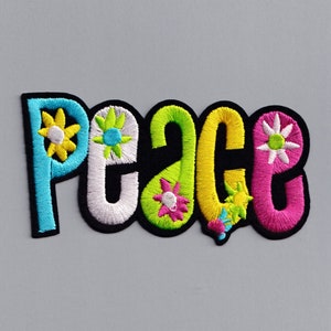 Colourful Embroidered Hippy Peace Word Patch Large Iron-On Flower Power Applique