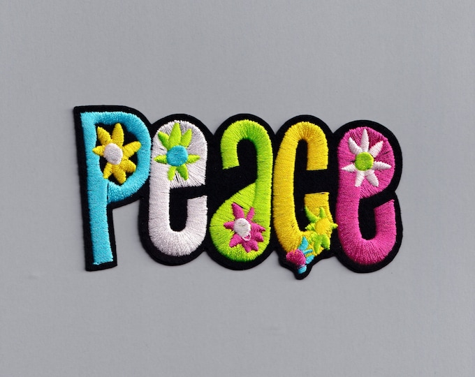Colourful Embroidered Hippy Peace Word Patch Large Iron-On Flower Power Applique