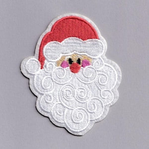 May include: Embroidered Santa Claus patch. The patch features a red hat, white beard, and pink cheeks. The design includes a curly white beard and a smiling expression. Ideal for festive crafts and decorations.