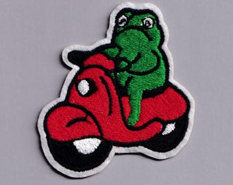Frog on a Scooter Patch Iron-on Embroidered Funny Frog Applique Patches