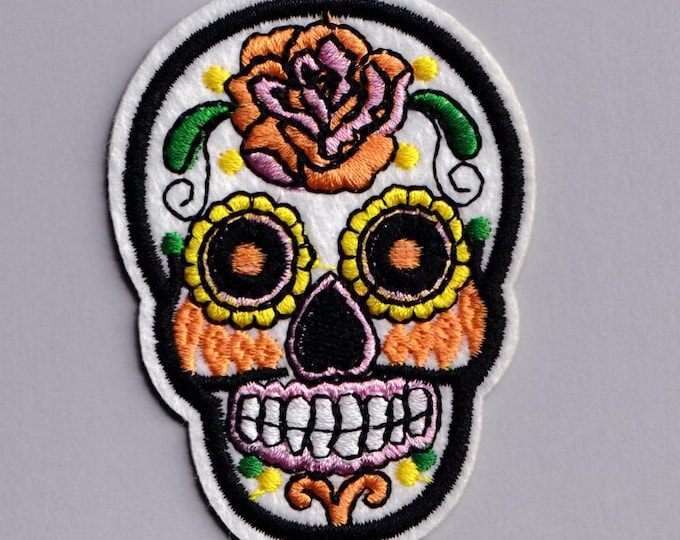 White Mexican Sugar Skull Iron On Patch Embroidered Day of the Dead Candy Skull Applique