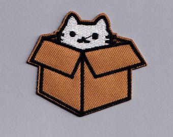 Petite Cat in a Box Patch Iron-on Embroidered Cat Applique Patches