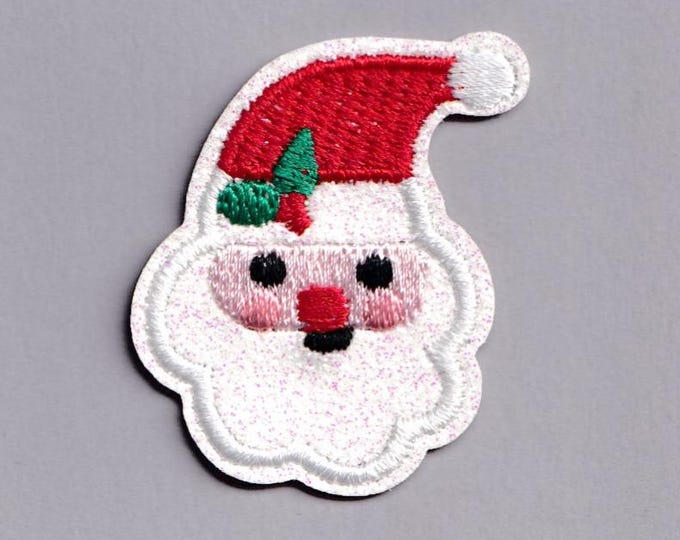 Sparkly Santa Head Patch Iron-on Embroidered Glittery Santa Xmas Applique Patch