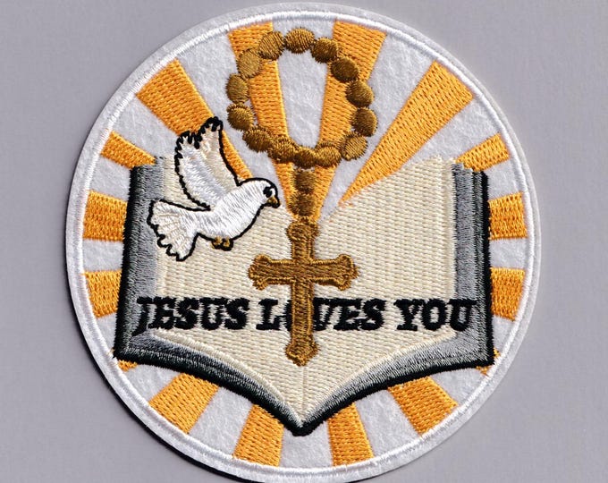 Large Jesus Loves You Patch Iron-on Embroidered Christian Jesus Rosary Applique Patches