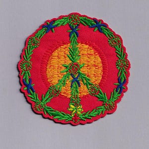 Floral Peace Sign Patch Iron-on Embroidered Red Hippy Peace Symbol Applique Patches