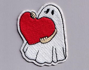 Ghost with Heart Patch Iron-on Embroidered Ghost Applique Patches