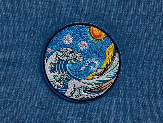 大きな刺繍パッチ ゴッホ 葛飾北斎 神奈川沖浪裏 星月夜 アイロン
