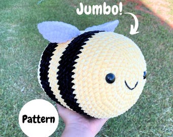 ジャンボビーのかぎ針編みパターン、バンブルビー、初心者に優しい大きな編みぐるみ（デジタルダウンロードPDF）