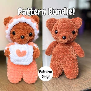 May include: Two crocheted teddy bear amigurumi patterns. The first bear is wearing a pink and white outfit with a heart on the front. The second bear is brown. The text "Pattern Bundle!" and "Patterns Only!" is visible in the image.