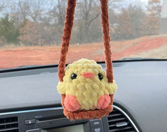 Crochet Chicken Car Mirror Accessory | Swinging Plushie