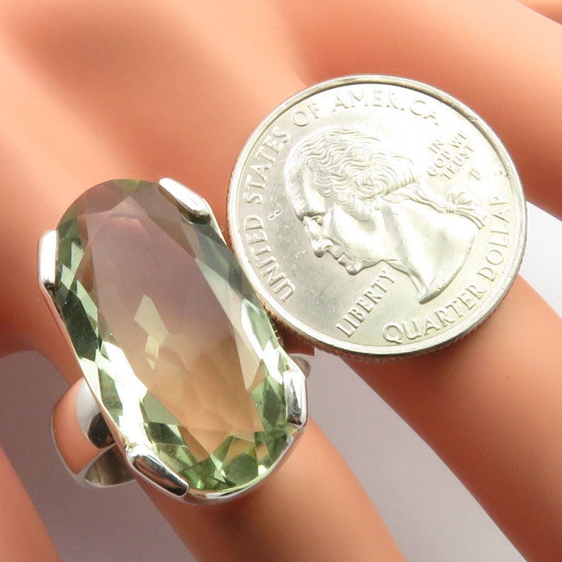 Handcrafted Unique Jewelry Prong Setting Amethyst Jewelry 925 Solid Silver Modern Jewelry Oval Shape Green Amethyst Ring Sz 9.25